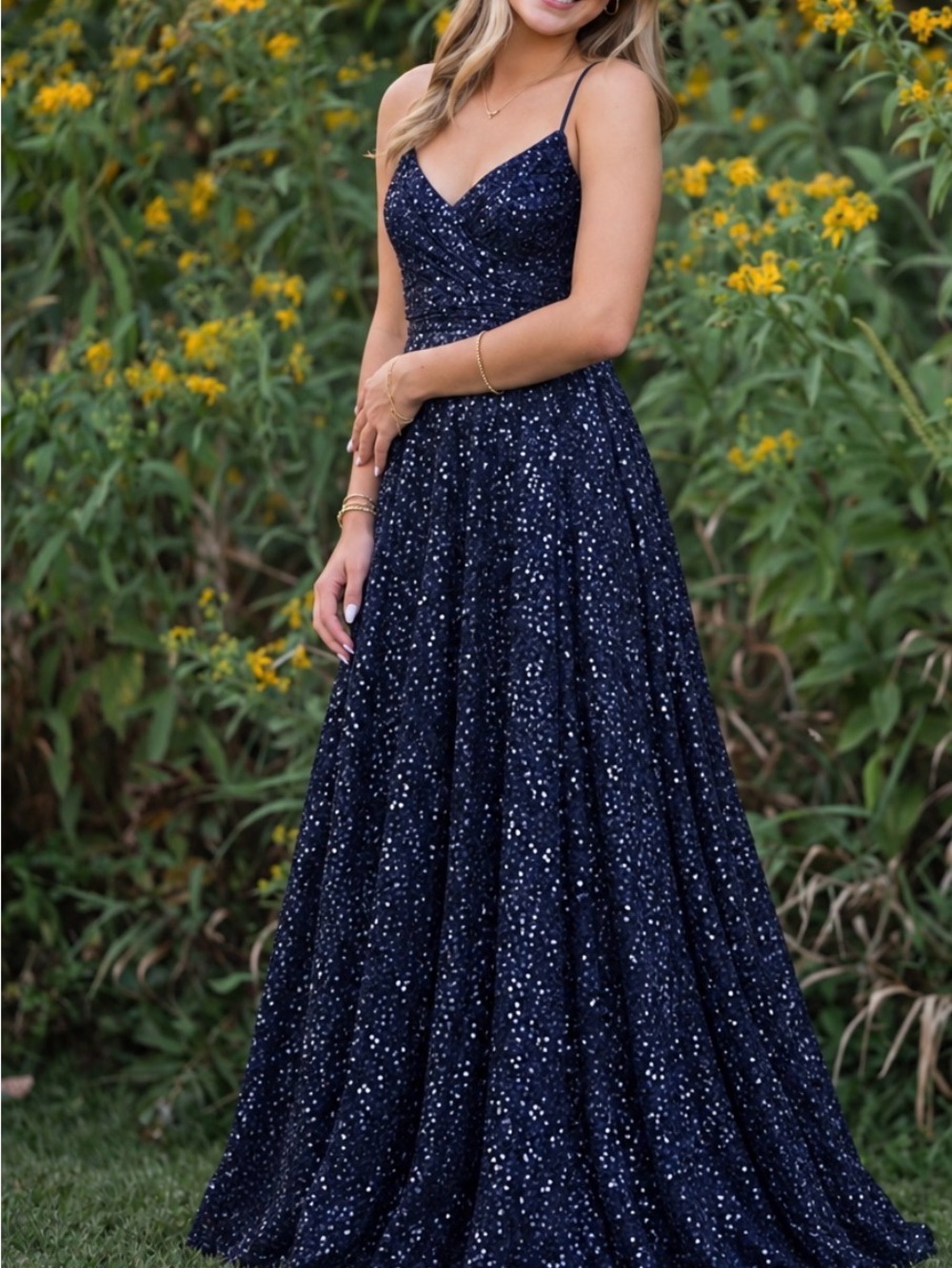 La Femme Navy Sequin Spaghetti-Strap Prom Gown
